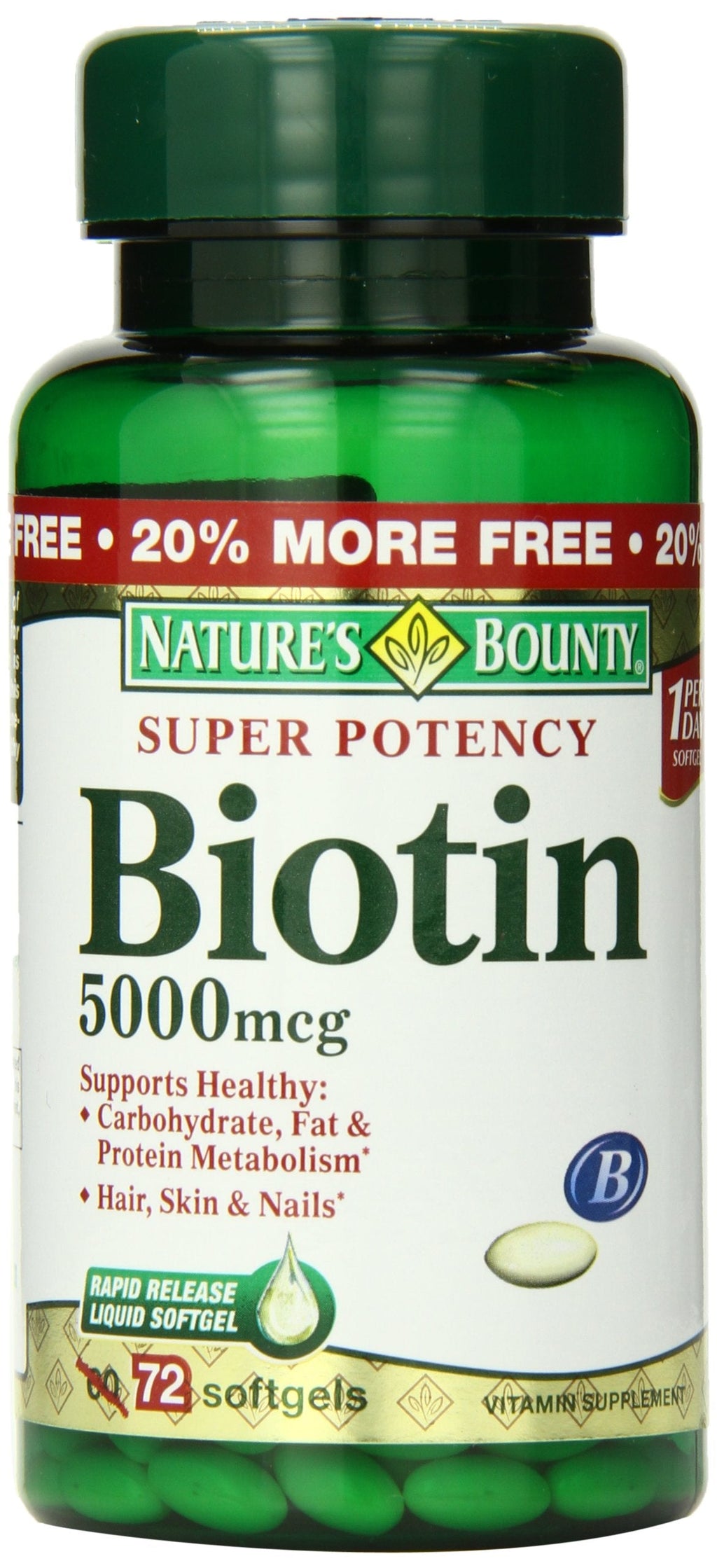 Nature's Bounty Biotin 5000 mcg – 150 Rapid Release Softgels | Biotin for Energy Metabolism, Hair & Skin