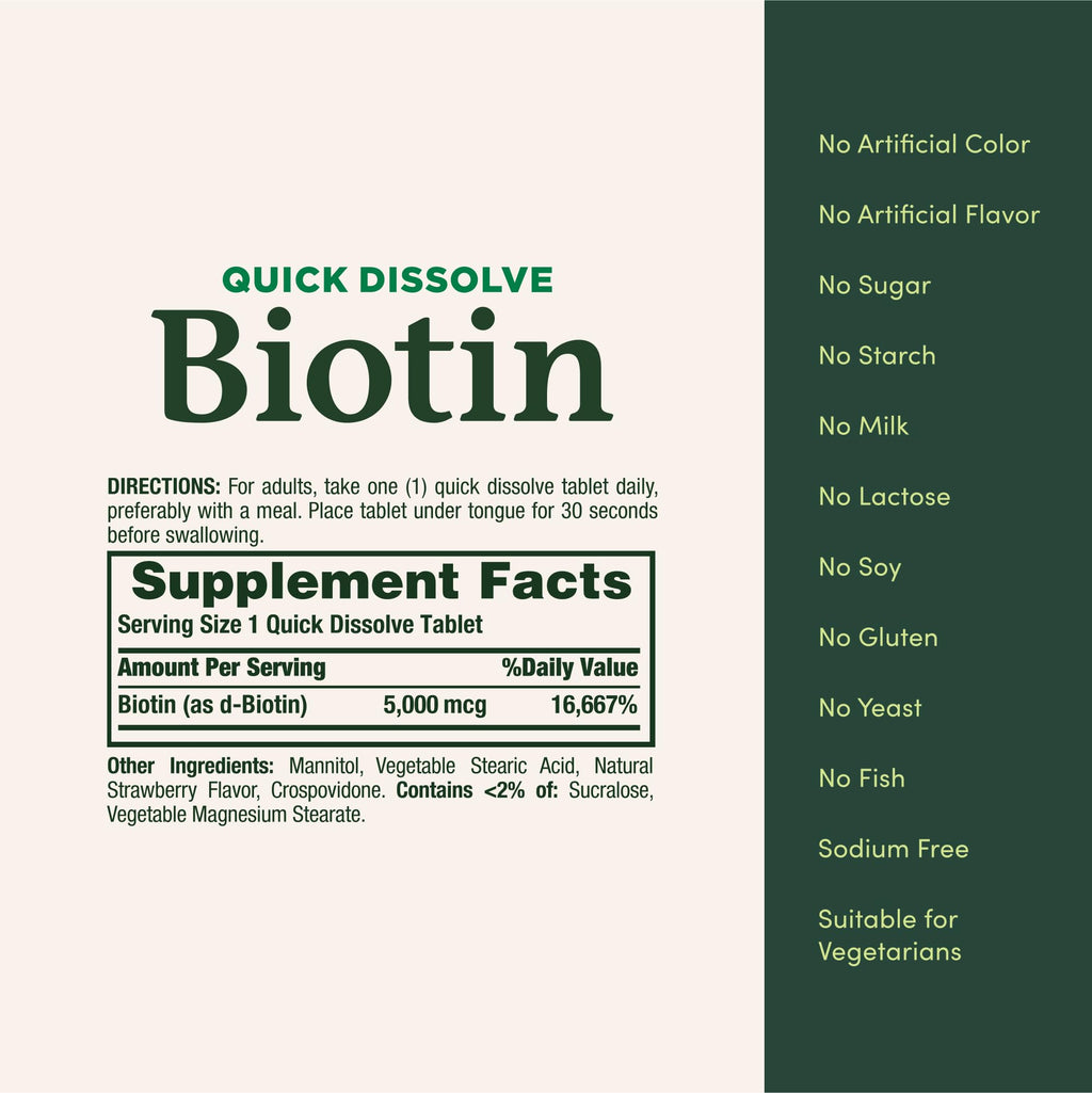Nature's Bounty Biotin 5000 mcg | Supports Metabolism & Healthy Hair, Skin & Nails | 60 Quick-Dissolve Tablets
