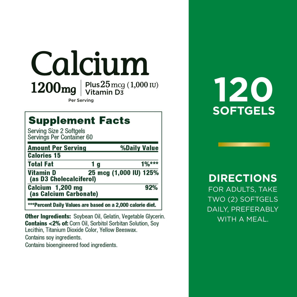 Nature's Bounty Calcium Carbonate & Vitamin D - 1200mg Calcium + 1000IU D3, 120 Softgels