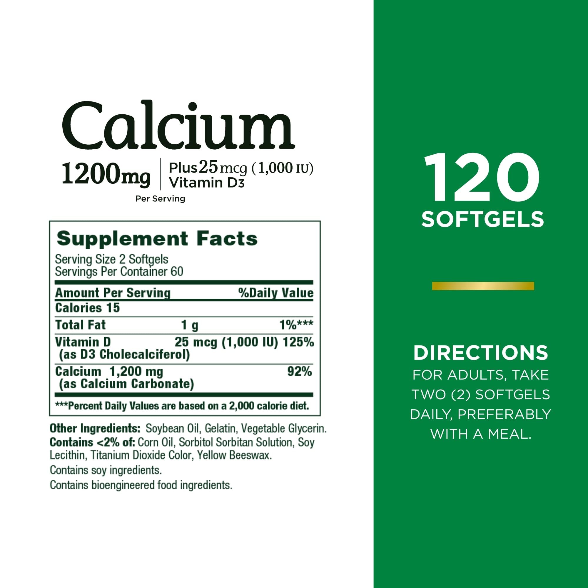 Nature's Bounty Calcium Carbonate & Vitamin D - 1200mg Calcium + 1000IU D3, 120 Softgels