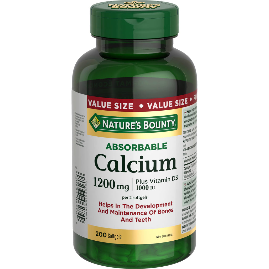 Nature's Bounty Absorbable Calcium 1200mg + Vitamin D3 1000IU – 200 Count | Gluten-Free