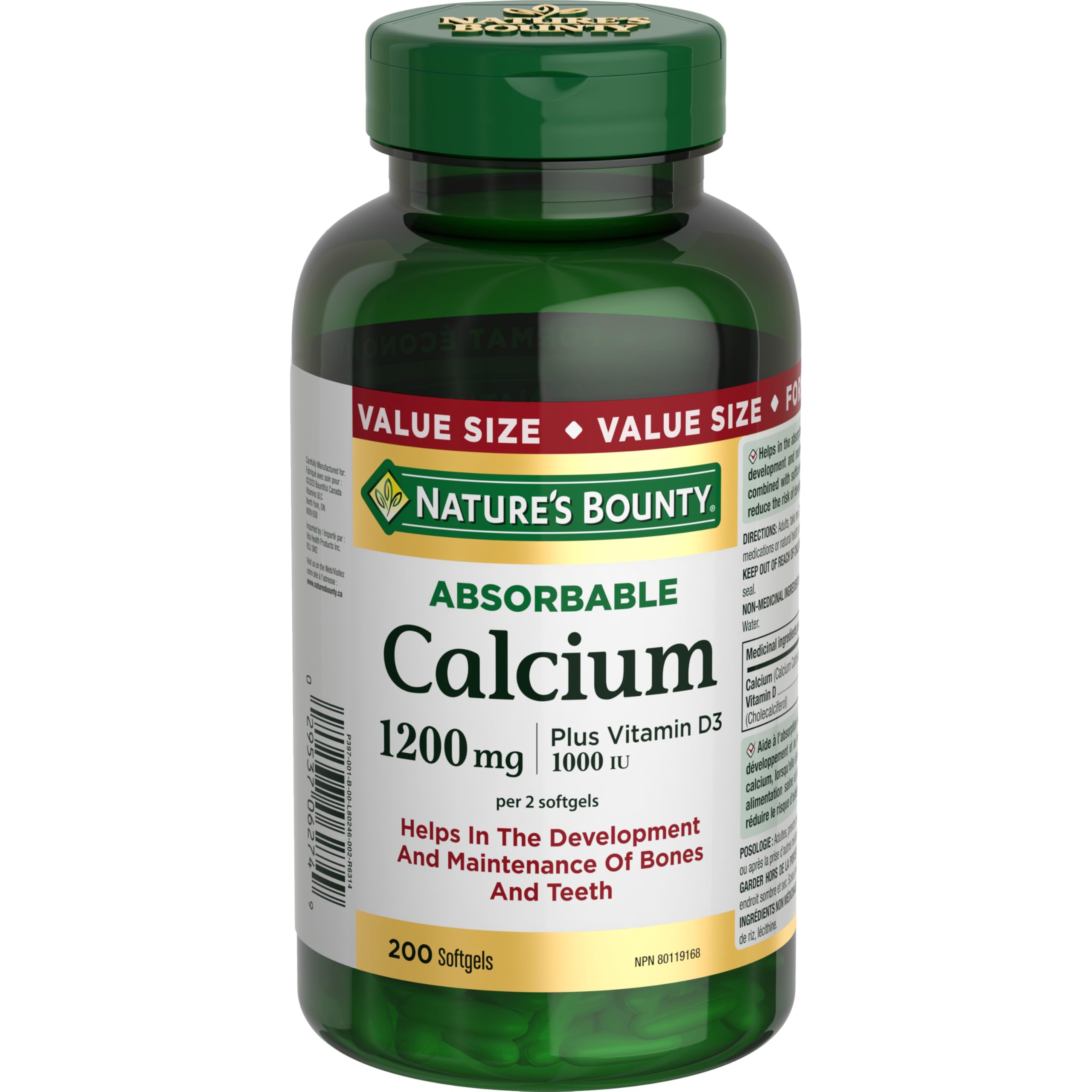 Nature's Bounty Absorbable Calcium 1200mg + Vitamin D3 1000IU – 200 Count | Gluten-Free