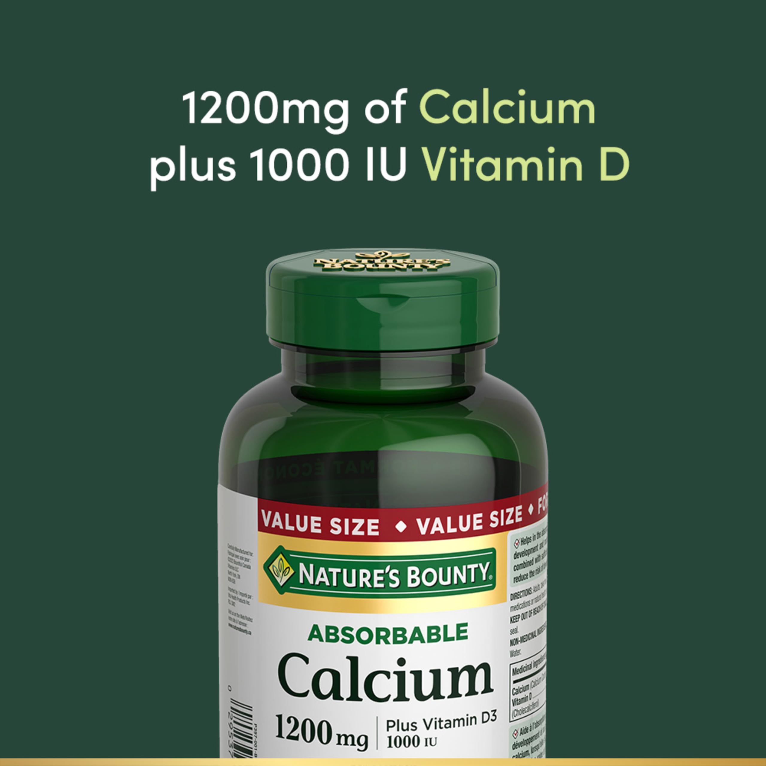 Nature's Bounty Absorbable Calcium 1200mg + Vitamin D3 1000IU – 200 Count | Gluten-Free