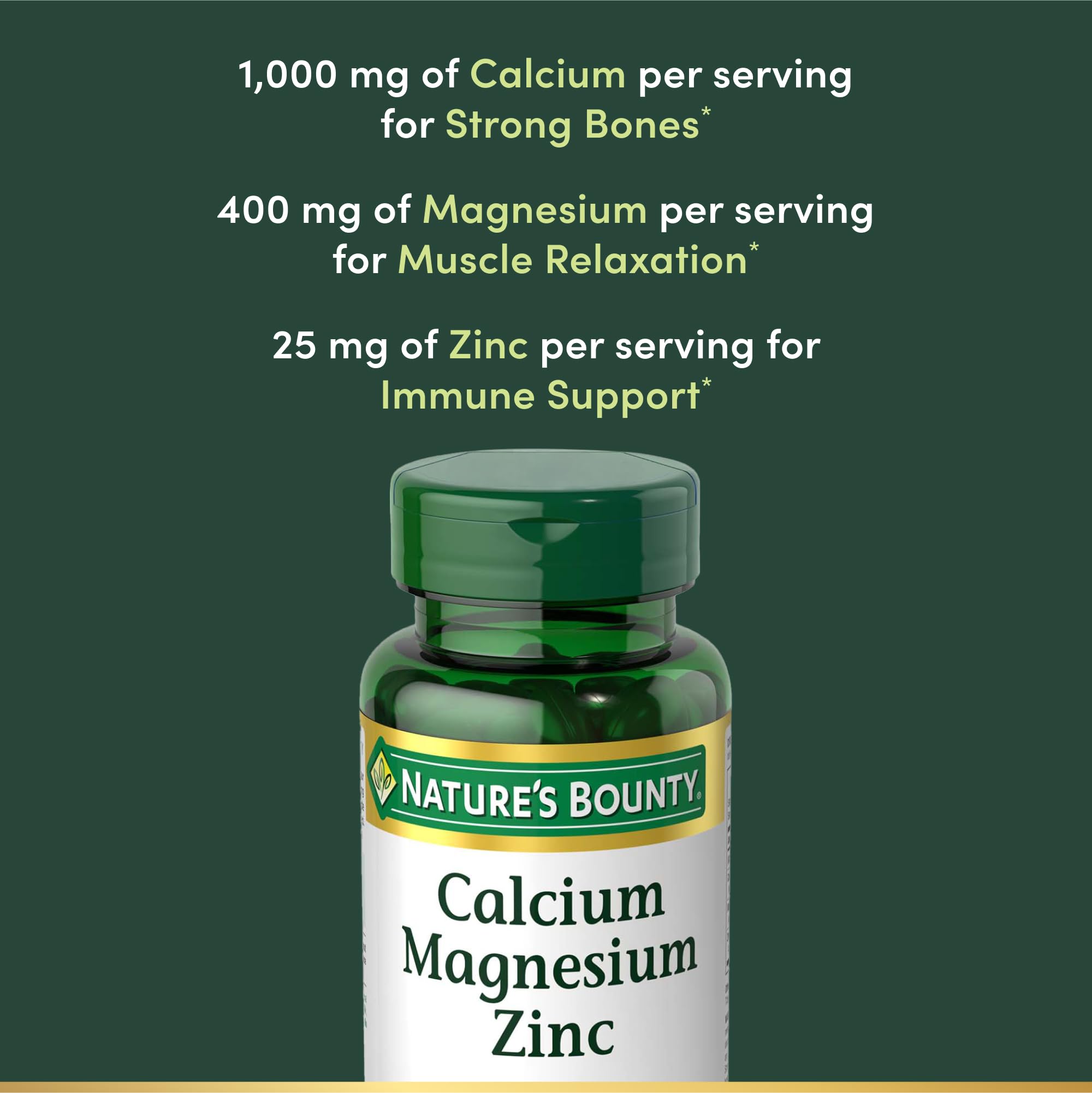 Nature's Bounty Calcium Magnesium Zinc Caplets – Bone & Immune Health, 1000mg Calcium, 400mg Magnesium, 600 IU Vitamin D, Gluten Free | 100 Caplets