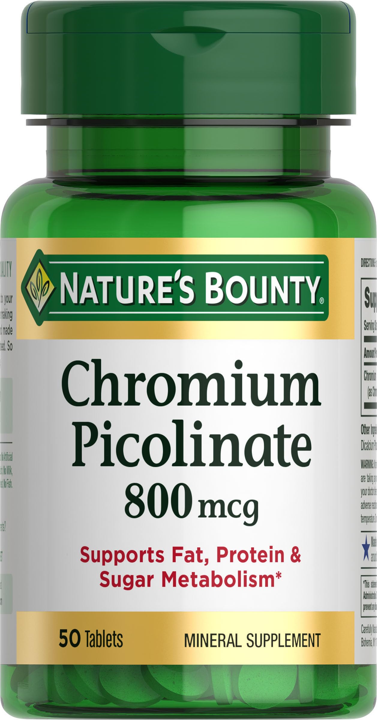Nature's Bounty Chromium Picolinate 800 mcg | Supports Carbohydrate, Fat & Protein Metabolism | 50 Tablets