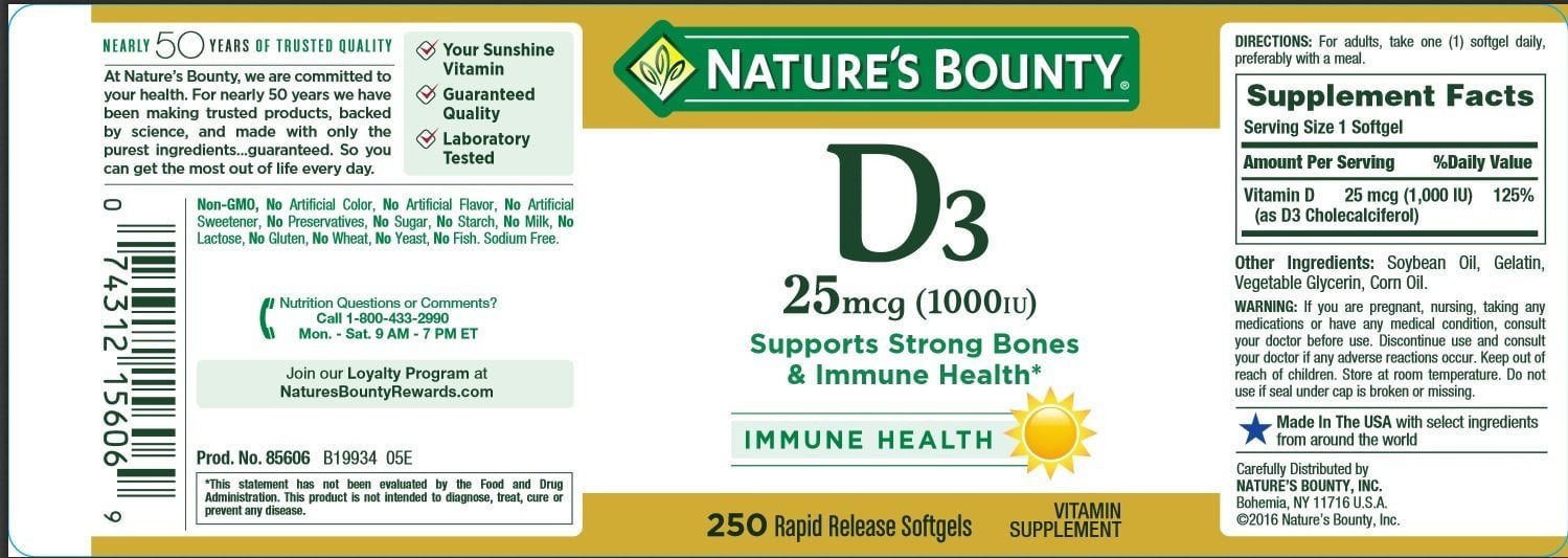 Nature's Bounty Vitamin D3 1000 IU Rapid Release Softgels - 250 ea (Pack of 2)