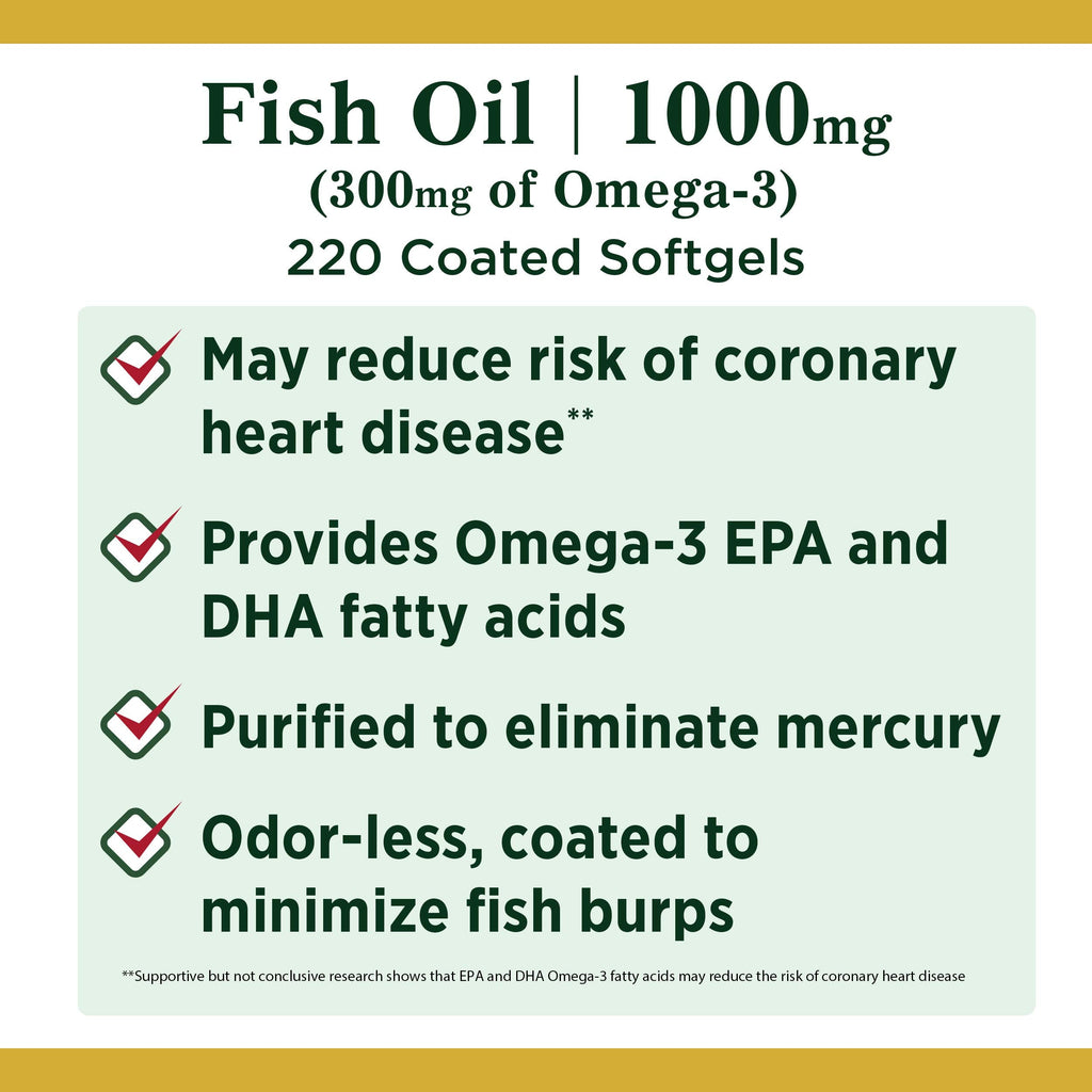 Nature's Bounty Fish Oil 1000 mg Coated Softgels | 220 Count | Omega-3 EPA/DHA for Heart Health