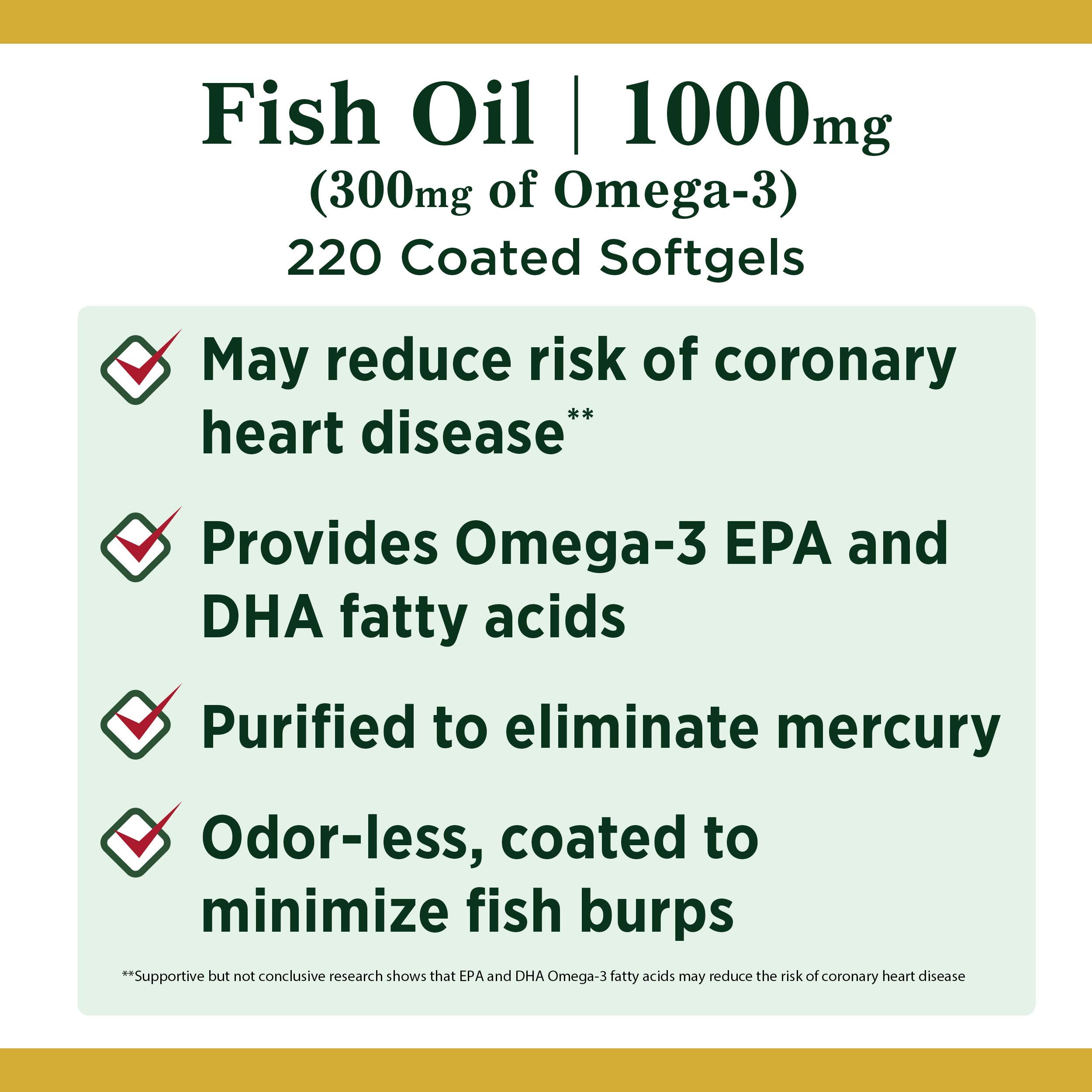 Nature's Bounty Fish Oil 1000 mg Coated Softgels | 220 Count | Omega-3 EPA/DHA for Heart Health