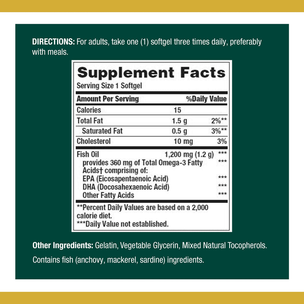 Nature's Bounty Fish Oil 1200 mg | 360 mg EPA/DHA per Softgel | 3 Pack (360 Softgels)