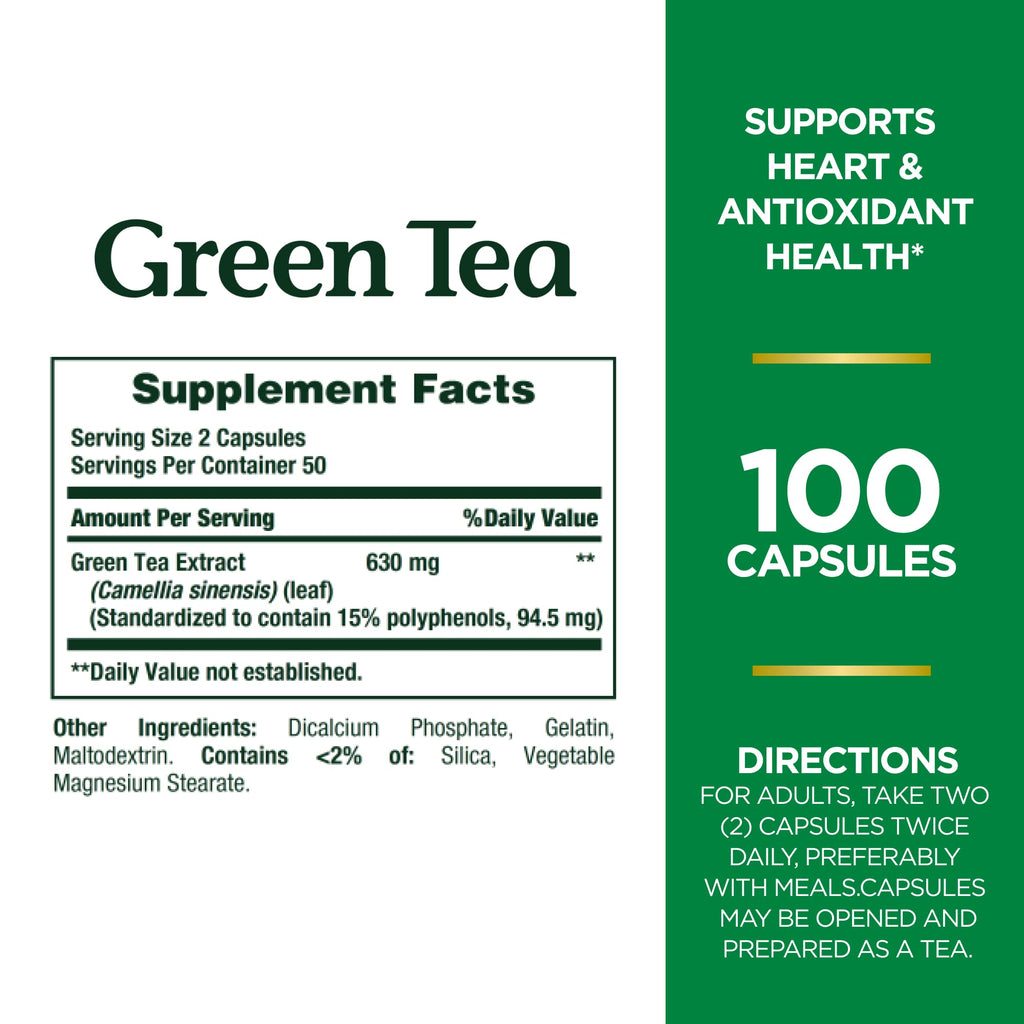 Nature's Bounty Green Tea Pills - Heart Health & Antioxidant Support, 315mg, 100 Capsules
