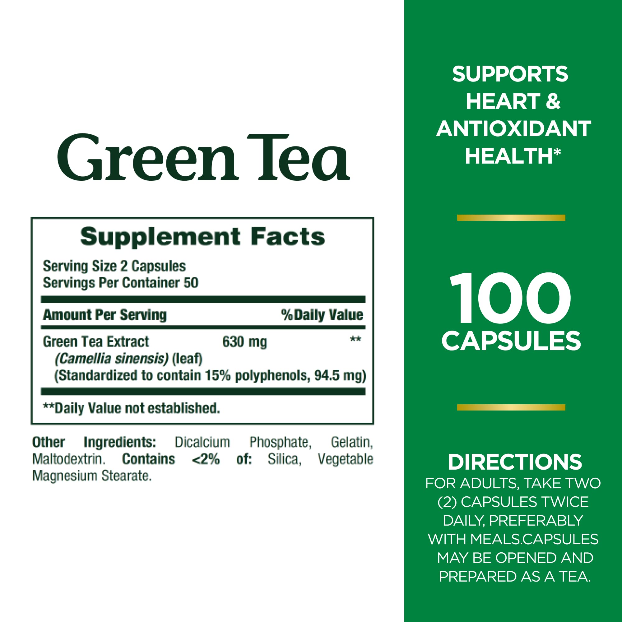 Nature's Bounty Green Tea Pills - Heart Health & Antioxidant Support, 315mg, 100 Capsules
