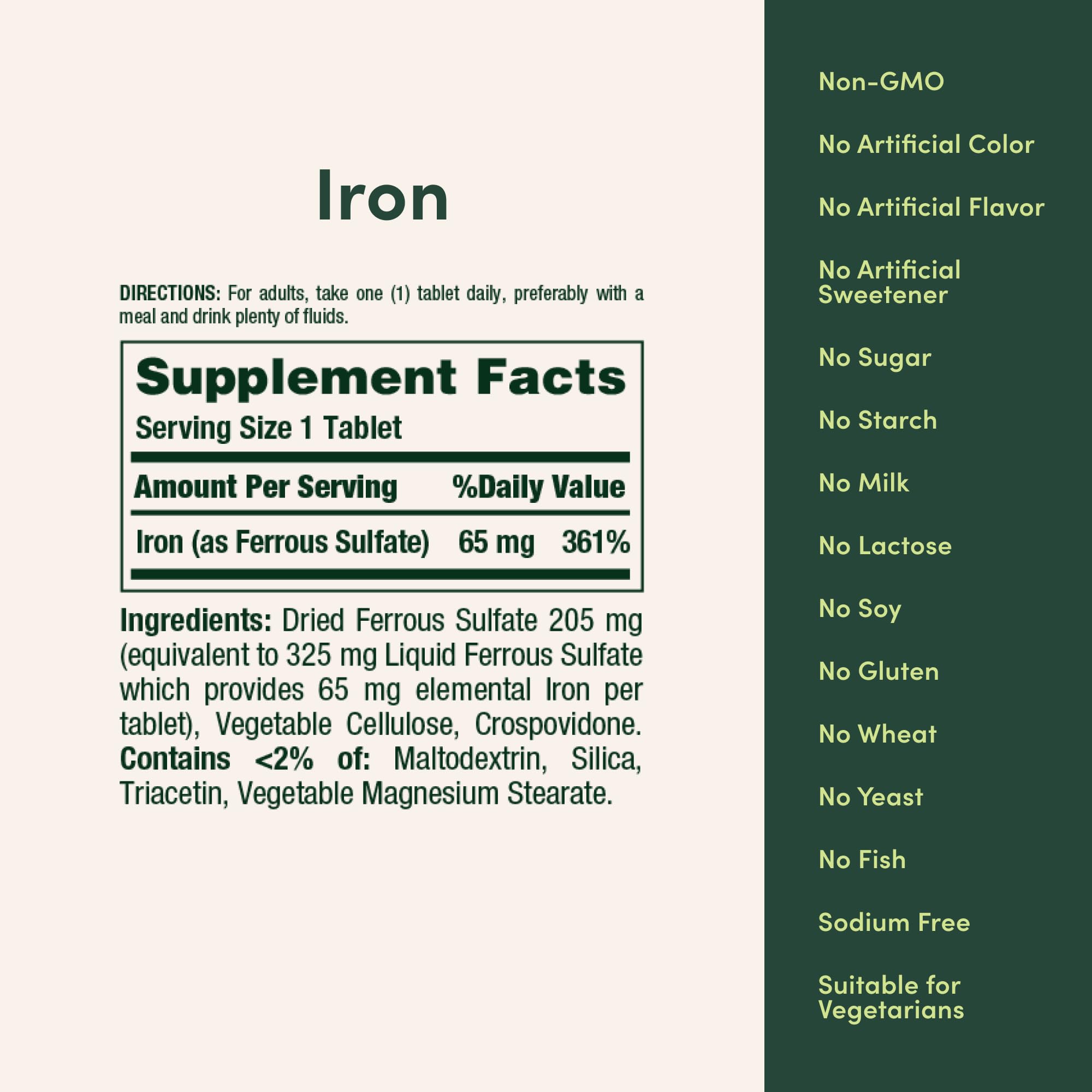 Nature's Bounty Iron 65 mg | Ferrous Sulfate 325 mg | Gluten Free, 100 Vegetarian Tablets