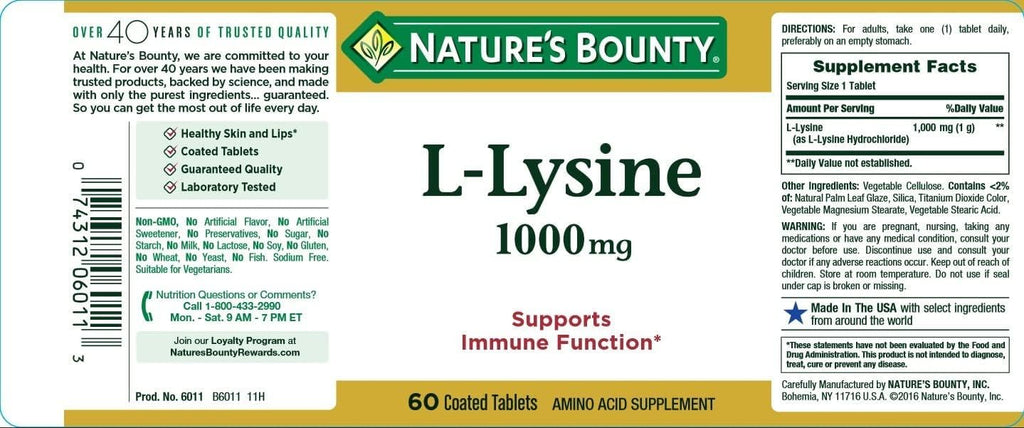 Nature's Bounty L-Lysine 1000 mg Tablets – 60 ea (Pack of 4)