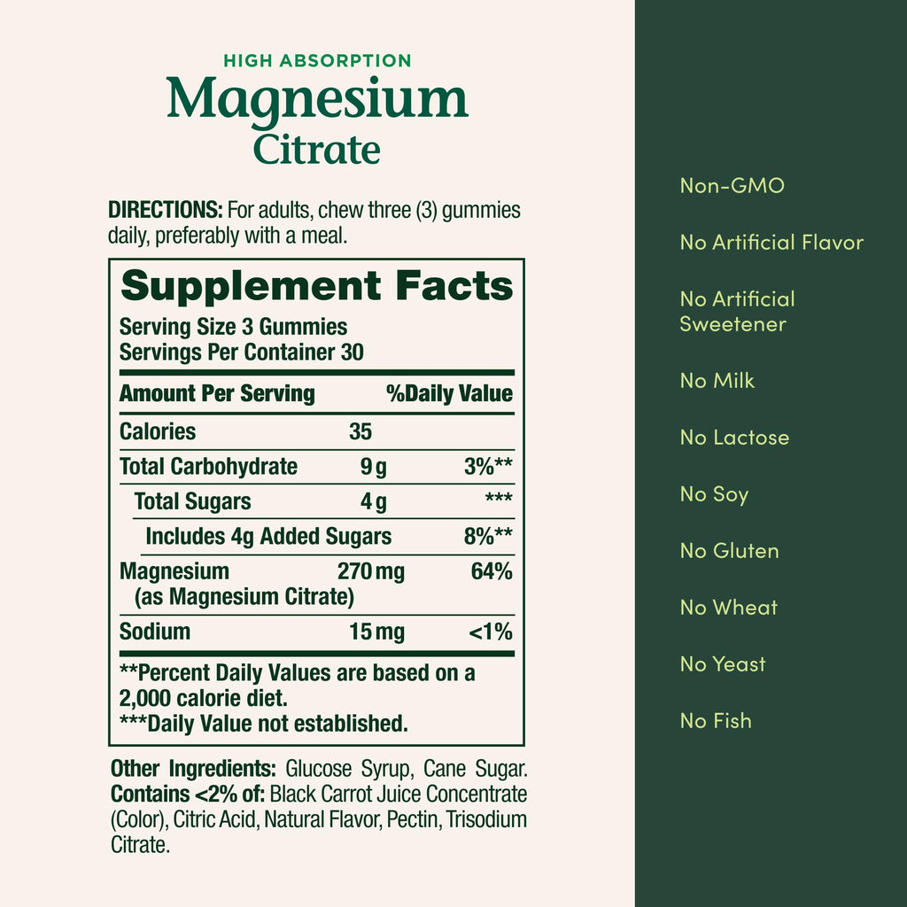 Nature's Bounty Magnesium Citrate Gummies – 270mg per Serving, Raspberry, Vegan, Non-GMO (90 Count)