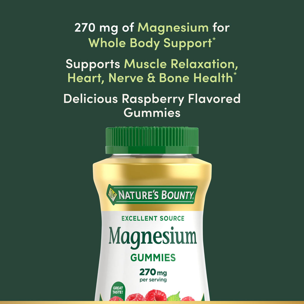 Nature's Bounty Magnesium Citrate Gummies – 270mg per Serving, Raspberry, Vegan, Non-GMO (90 Count)