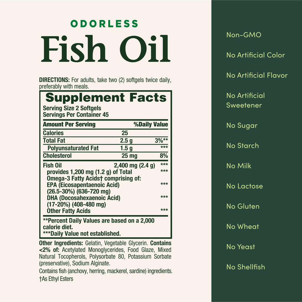Nature's Bounty Odorless Fish Oil 1200mg Omega-3 - 90 Softgels