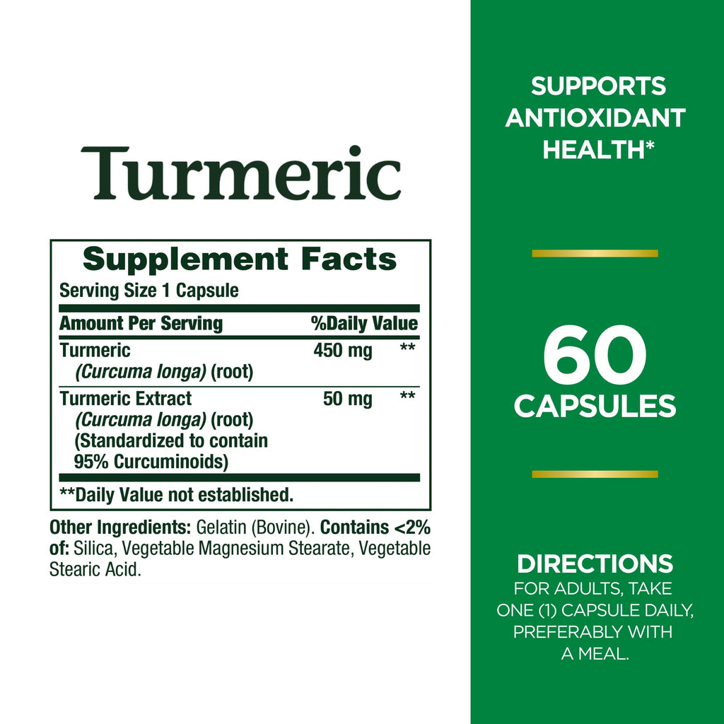 Nature's Bounty Turmeric Capsules 450 mg - 60 Count | Non-GMO & Gluten Free
