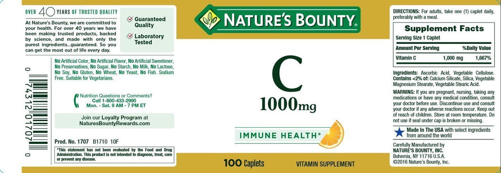 Nature's Bounty Vitamin C 1000 mg, 100 Caplets — Pack of 2 | Immune Support