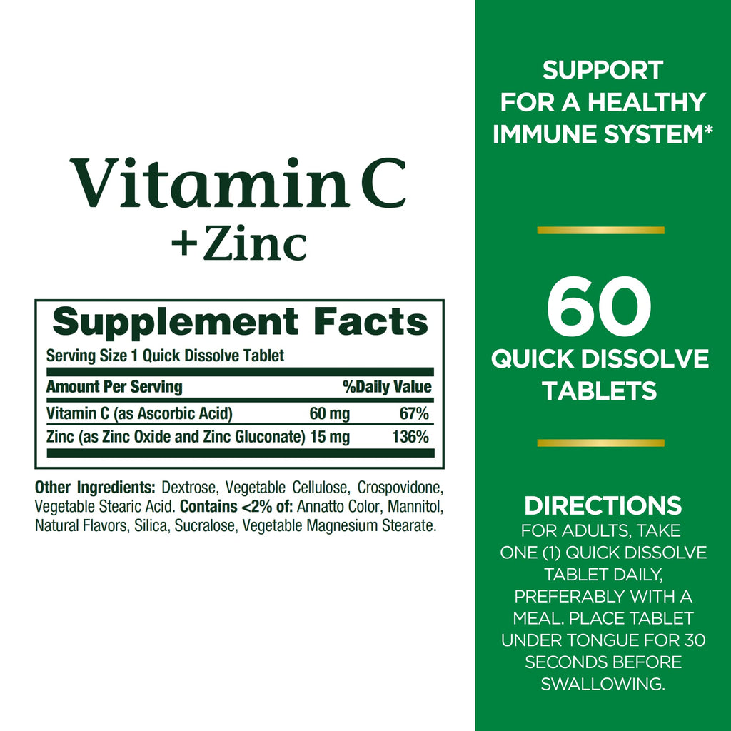 Nature's Bounty Vitamin C + Zinc – Immune Support Supplement, 60 Tablets