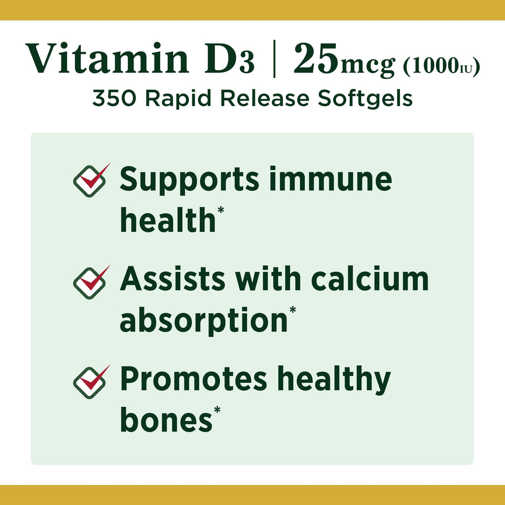 Nature's Bounty Vitamin D3 1000 IU Softgels – 350 Count