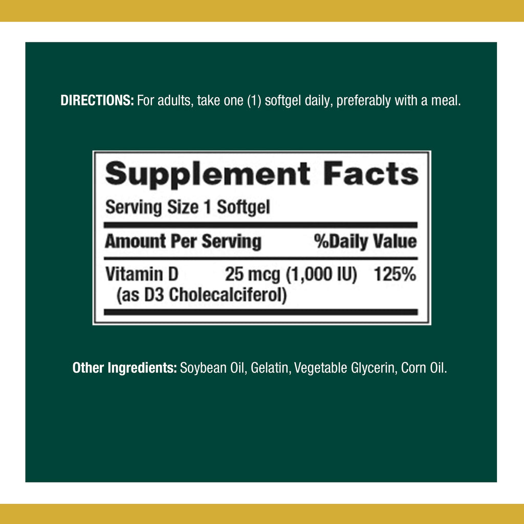 Nature's Bounty Vitamin D3 1000 IU Softgels – 350 Count