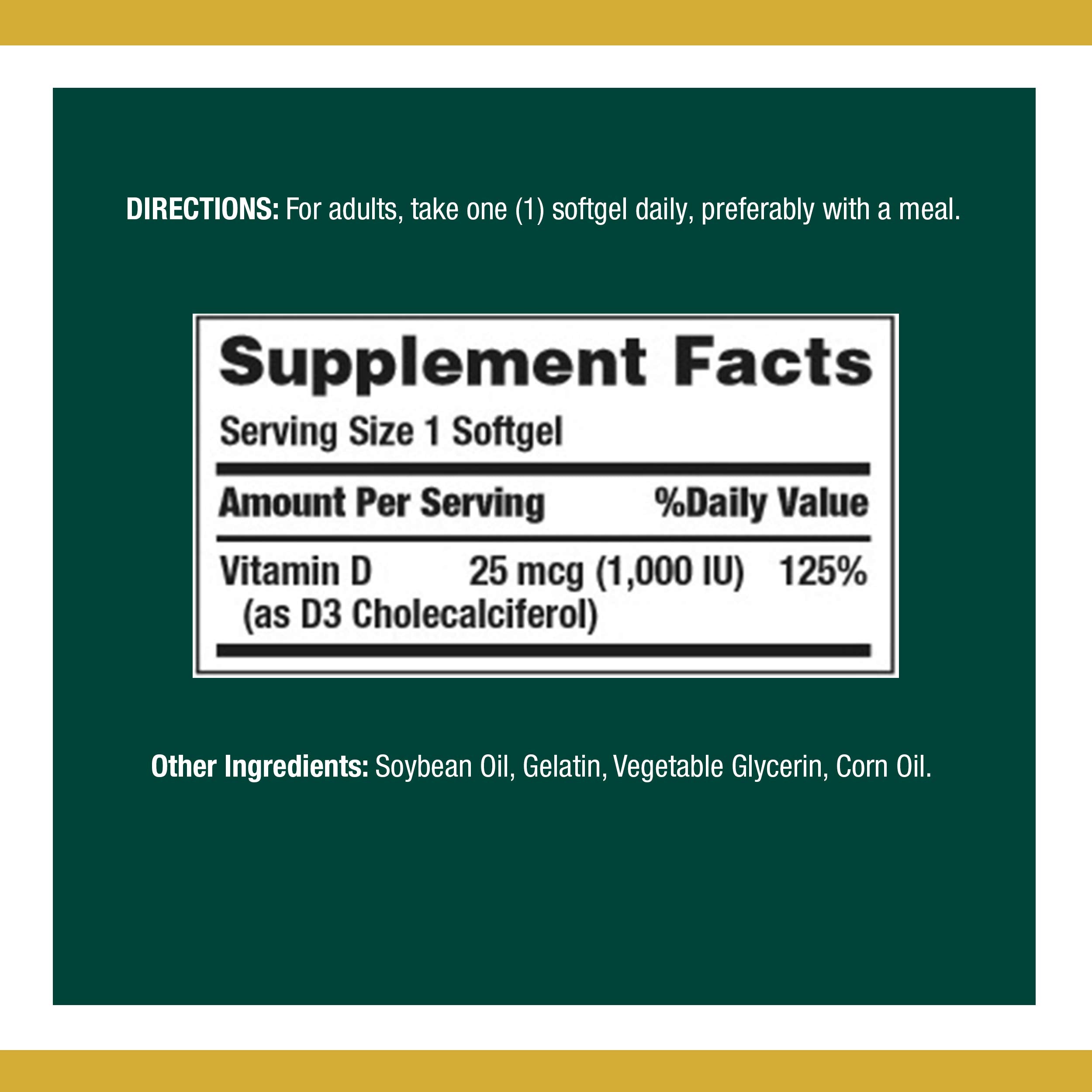 Nature's Bounty Vitamin D3 1000 IU Softgels – 350 Count