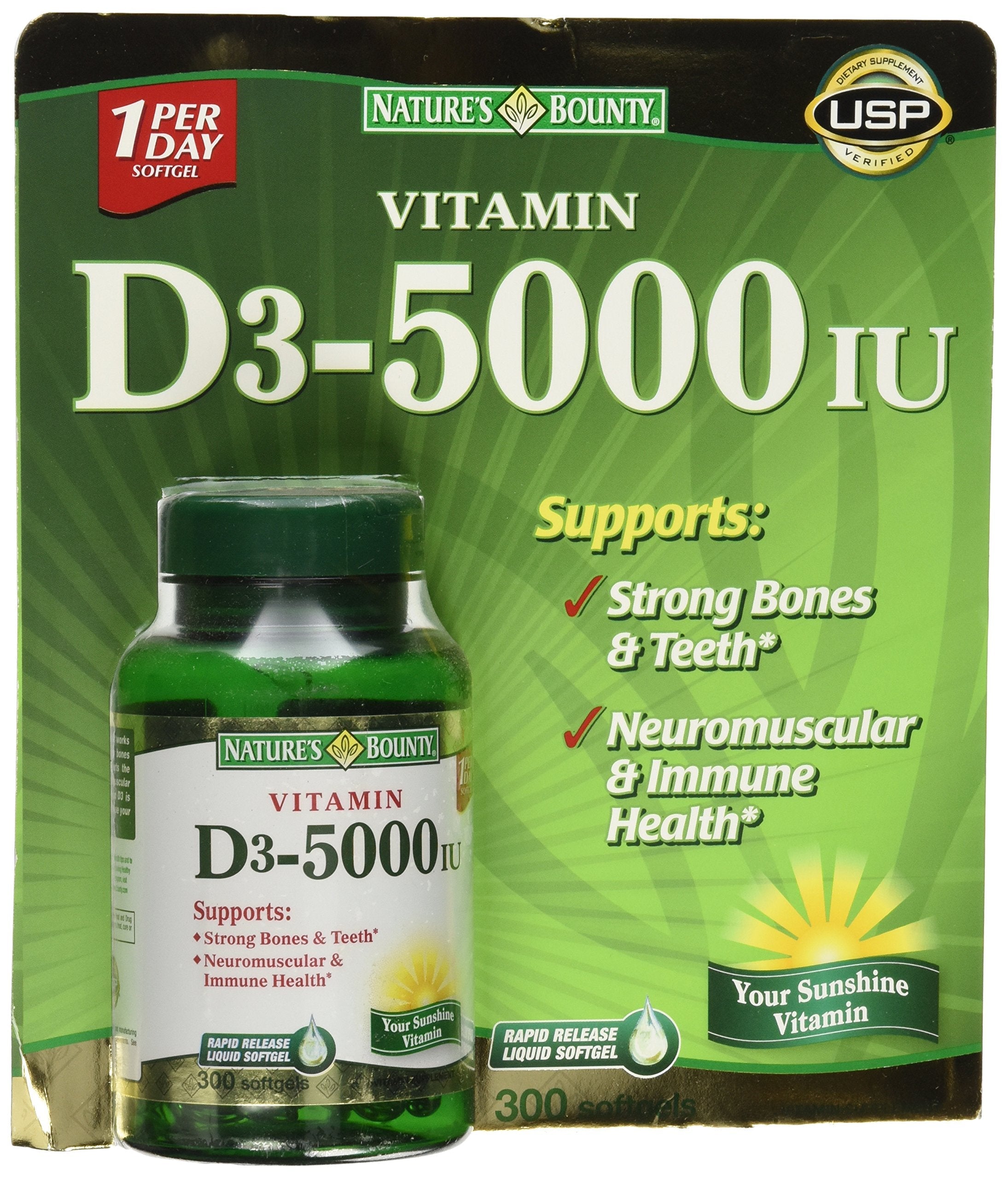 Nature's Bounty Vitamin D3 5000 IU, 300 Softgels | Supports Bones & Immune Health