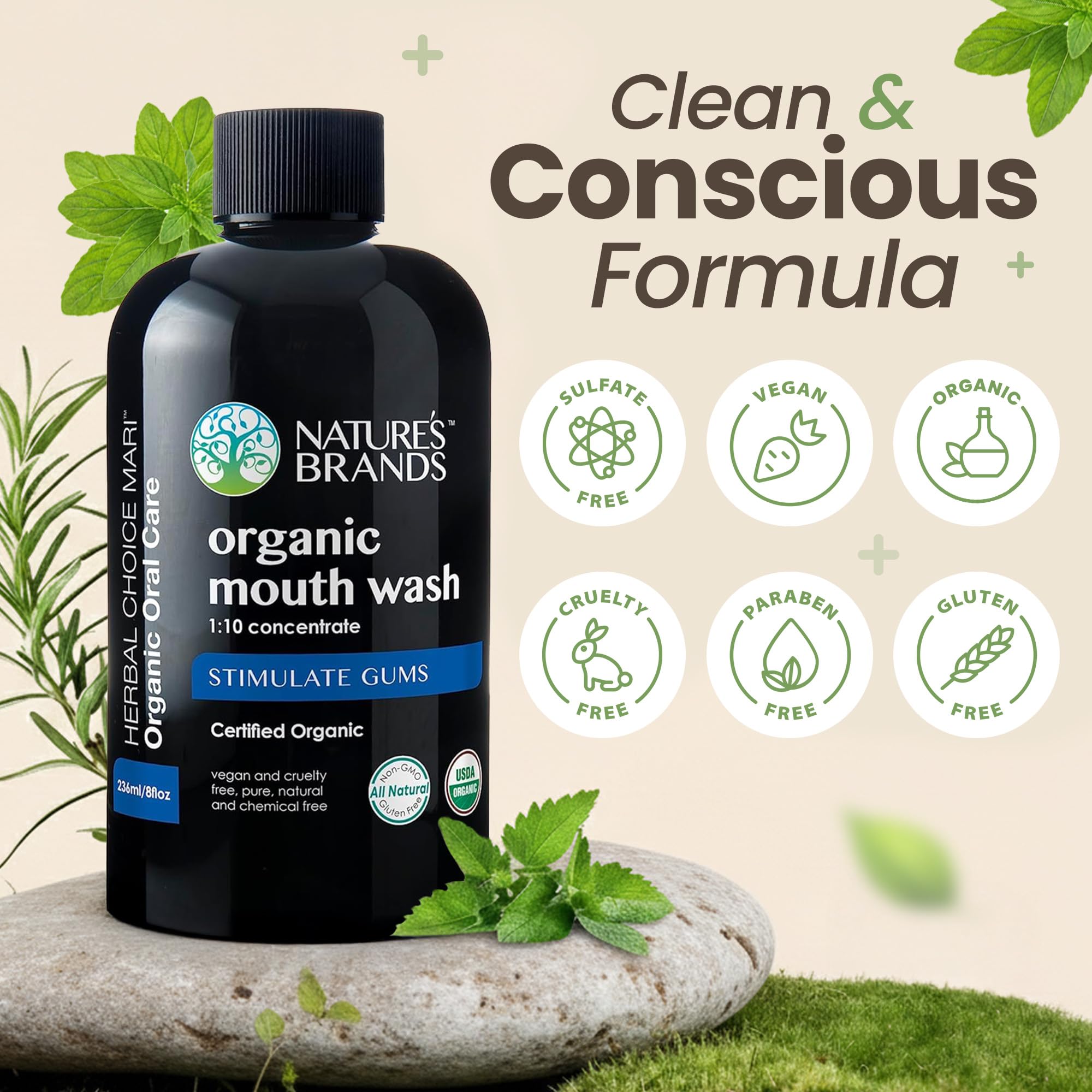Nature's Brands Herbal Choice Mari Organic Mouth Wash - Peppermint, Tea Tree & Thyme Oils (8 oz)
