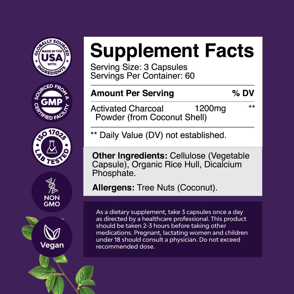Natures Craft Activated Charcoal Pills Detox & Cleanse – 1200 mg per Serving, 180 Count
