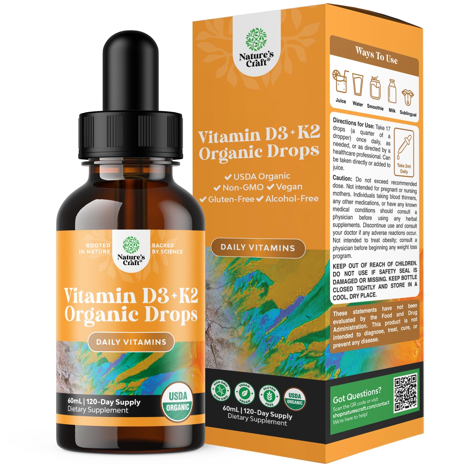 Natures Craft Vitamin D3 with K2 Drops for Adults - Organic, 2000IU, Vegan