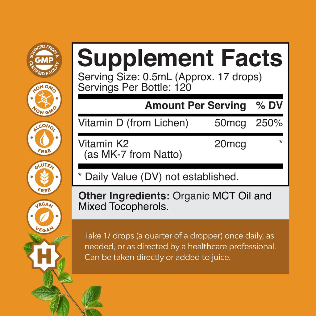 Natures Craft Vitamin D3 with K2 Drops for Adults - Organic, 2000IU, Vegan