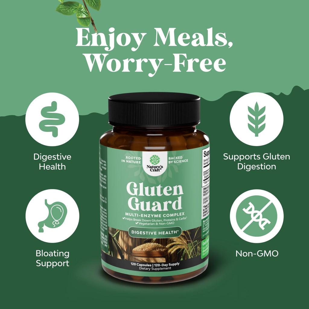 Natures Craft Gluten Digestive Enzymes – Fast Acting Debloat Support, 120 Count