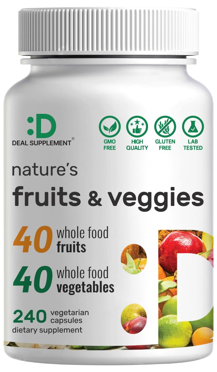Nature's Fruits & Veggies Supplement – 240 Veggie Capsules, 80 Superfoods, 40 Fruits & 40 Greens – Non-GMO, Gluten Free