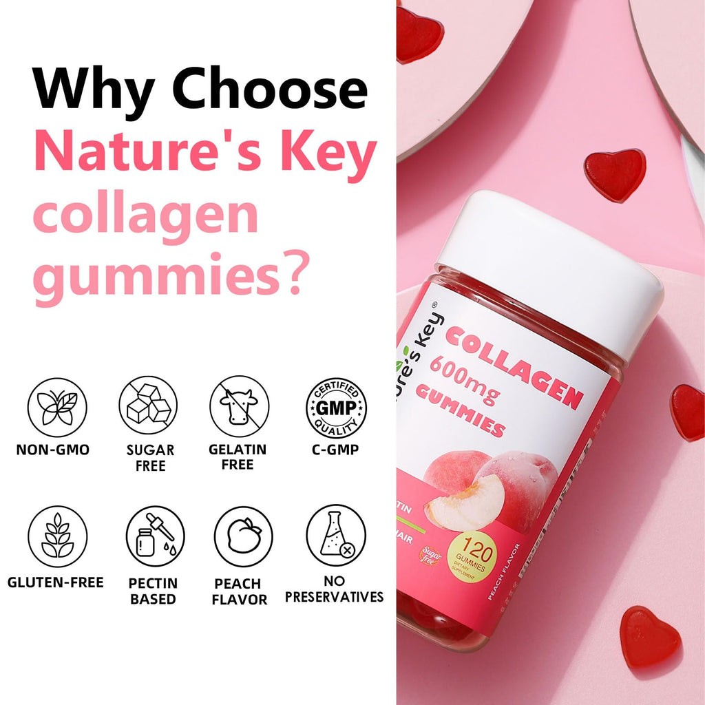 Nature's Key Collagen Gummies – 600mg Collagen, Vitamin C & Biotin, Sugar-Free Peach (120 Gummies)