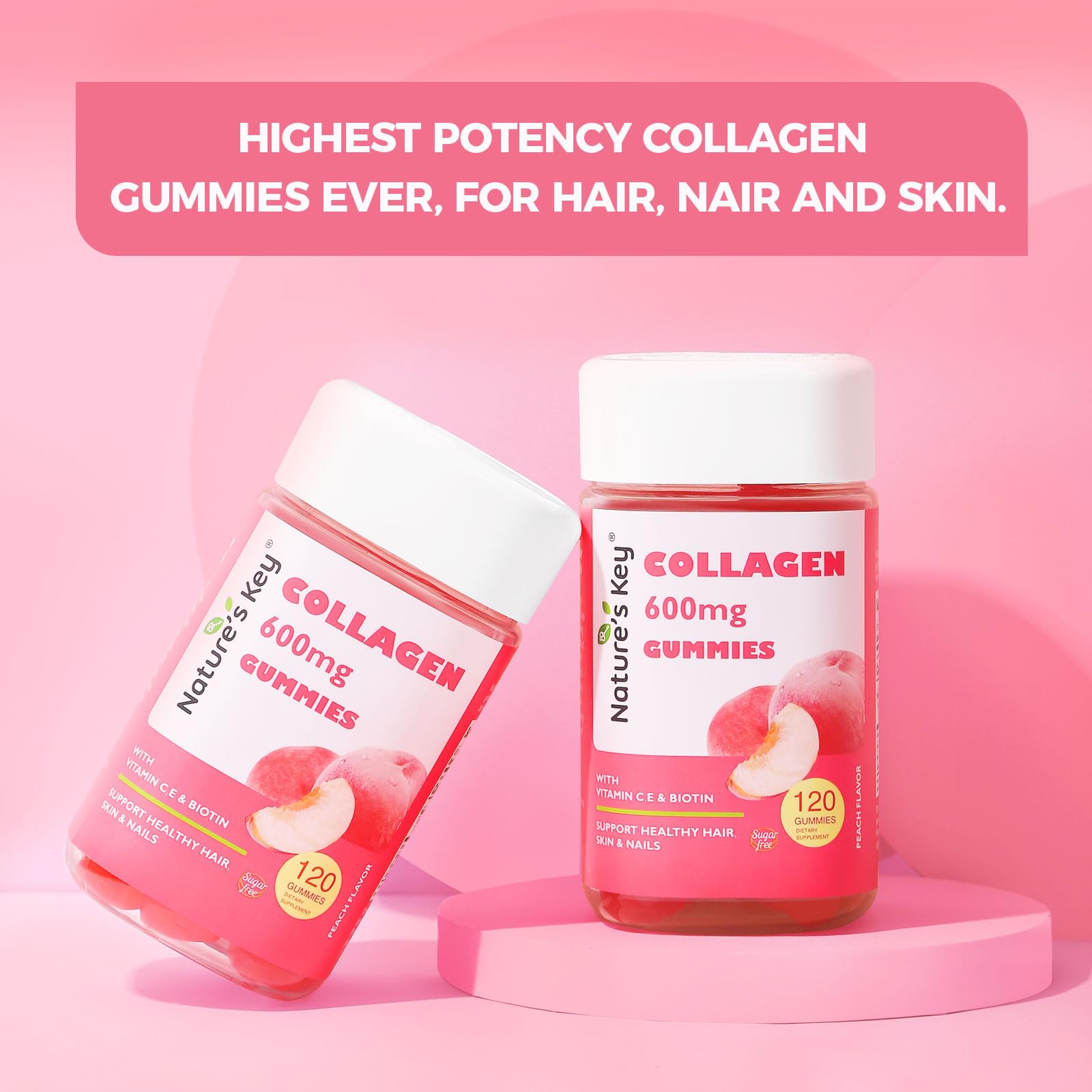 Nature's Key Collagen Gummies – 600mg Collagen, Vitamin C & Biotin, Sugar-Free Peach (120 Gummies)