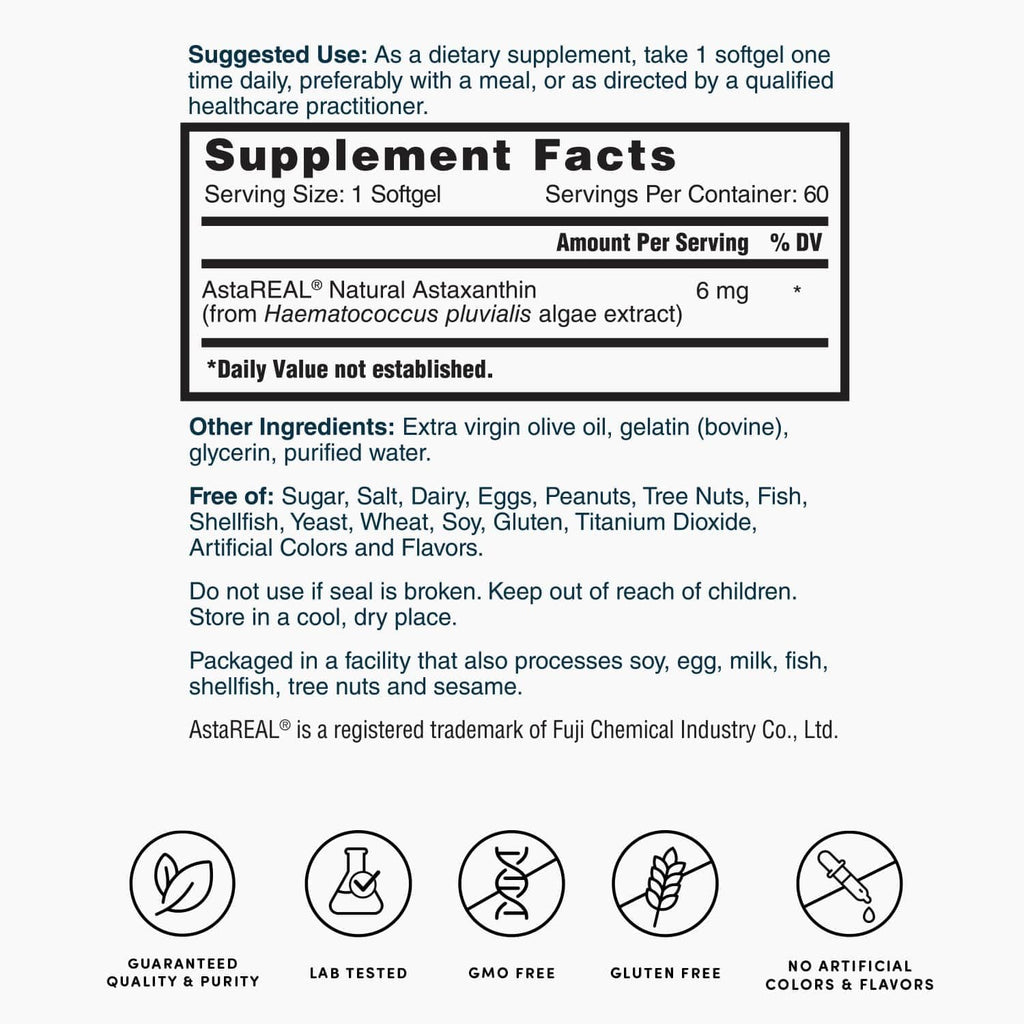 Nature's Lab AstaREAL Astaxanthin - 6mg Potent Antioxidants - 60 Capsules (2 Month Supply)