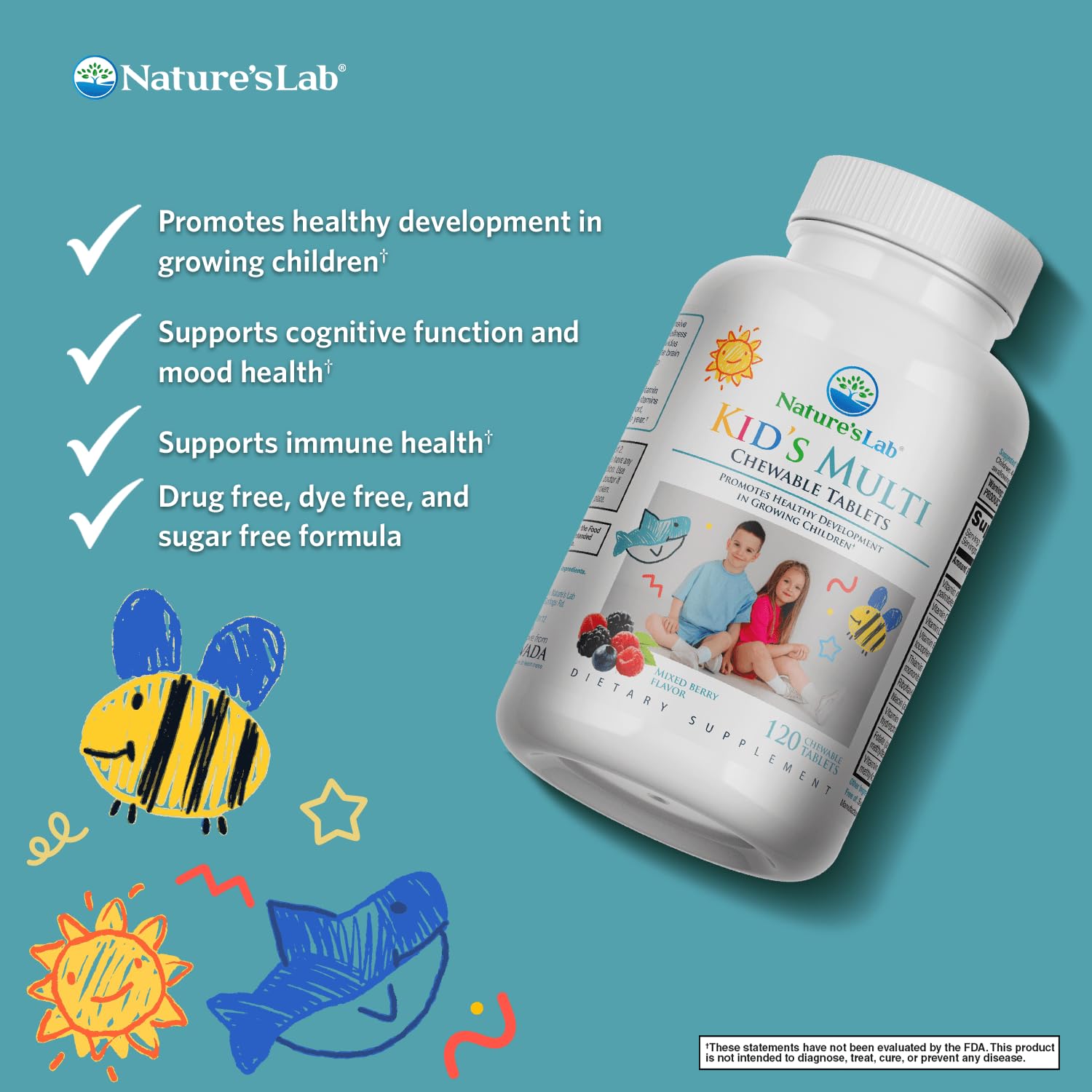 Nature's Lab Kid's Multi Vitamin for Ages 2+ | Mixed Berry Chewables, 120 Tablets