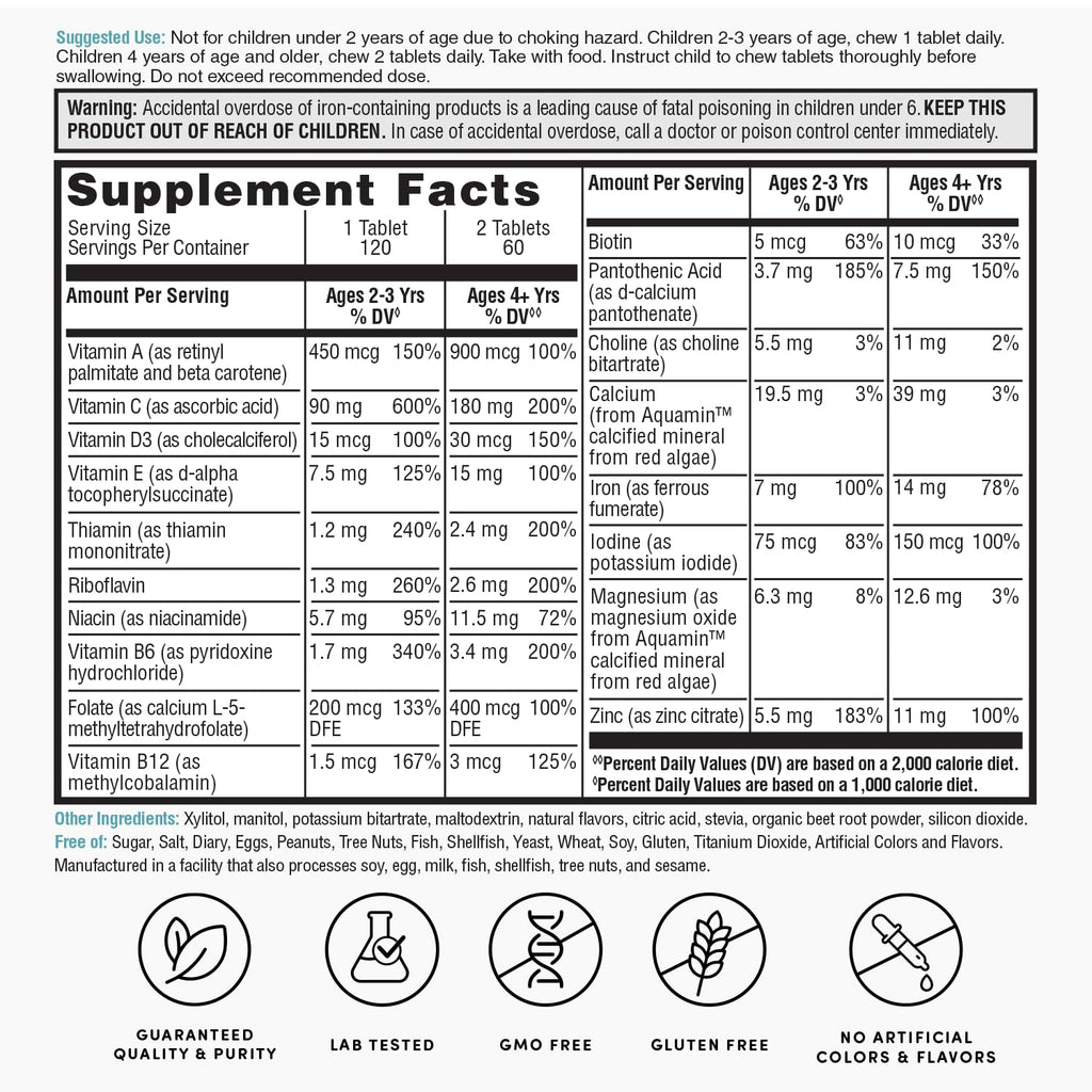 Nature's Lab Kid's Multi Vitamin for Ages 2+ | Mixed Berry Chewables, 120 Tablets