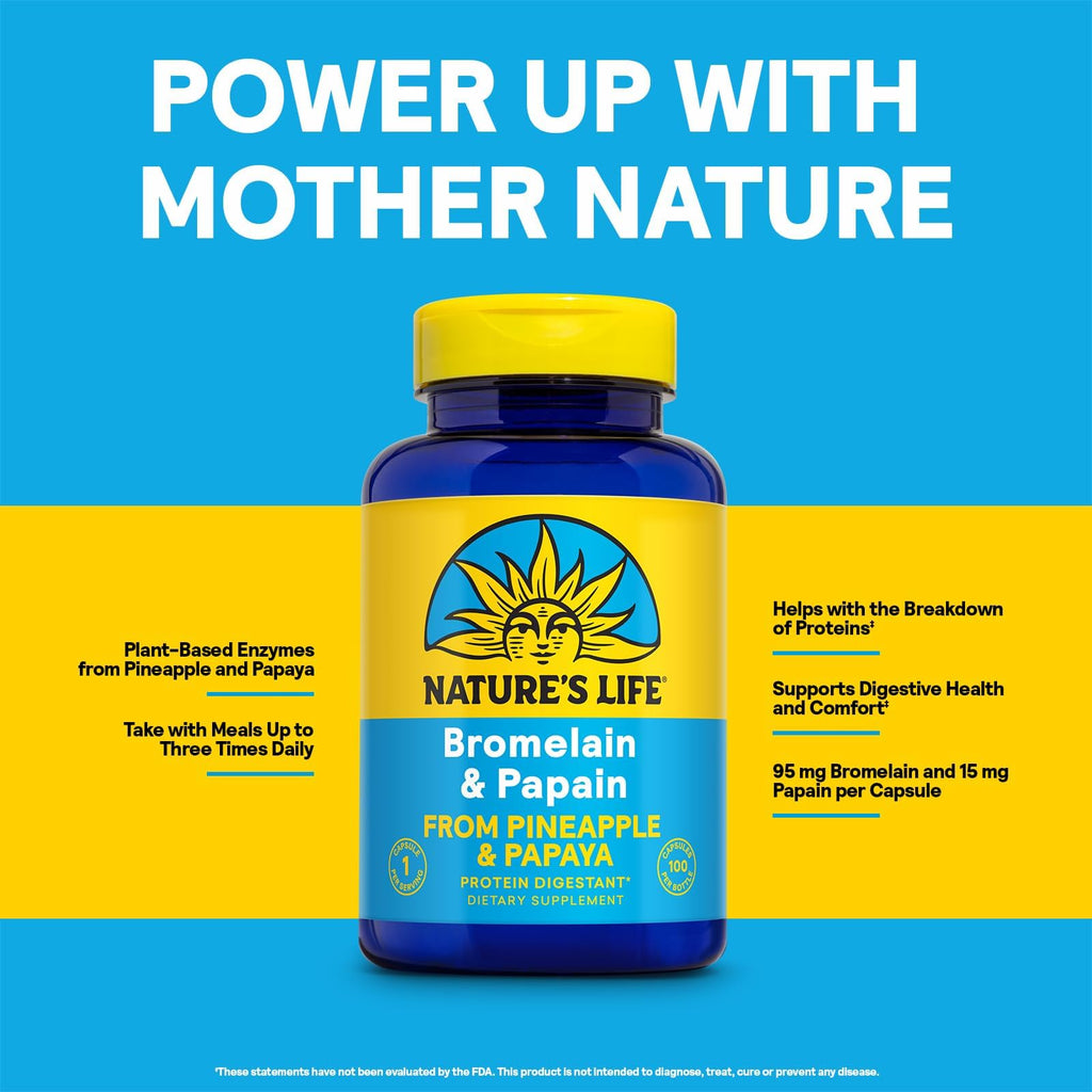 Nature's Life Bromelain & Papain from Pineapple and Papaya - Digestive Enzymes for Women and Men - Protein Digestion, Digestive Health, Gut Health Support - Vegan, 60-Day Guarantee - 100 Servings