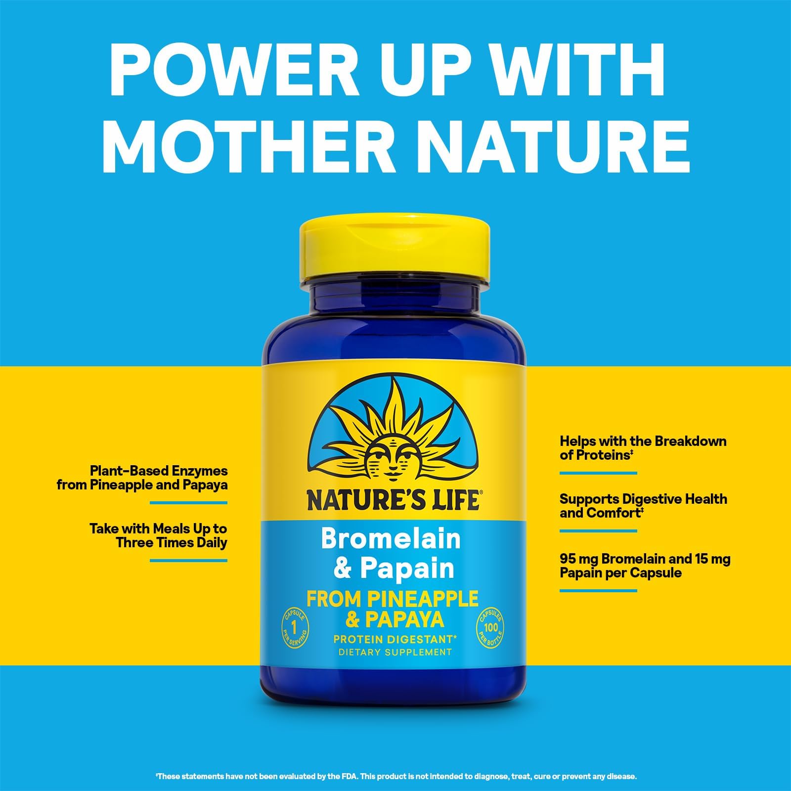 Nature's Life Bromelain & Papain from Pineapple and Papaya - Digestive Enzymes for Women and Men - Protein Digestion, Digestive Health, Gut Health Support - Vegan, 60-Day Guarantee - 100 Servings