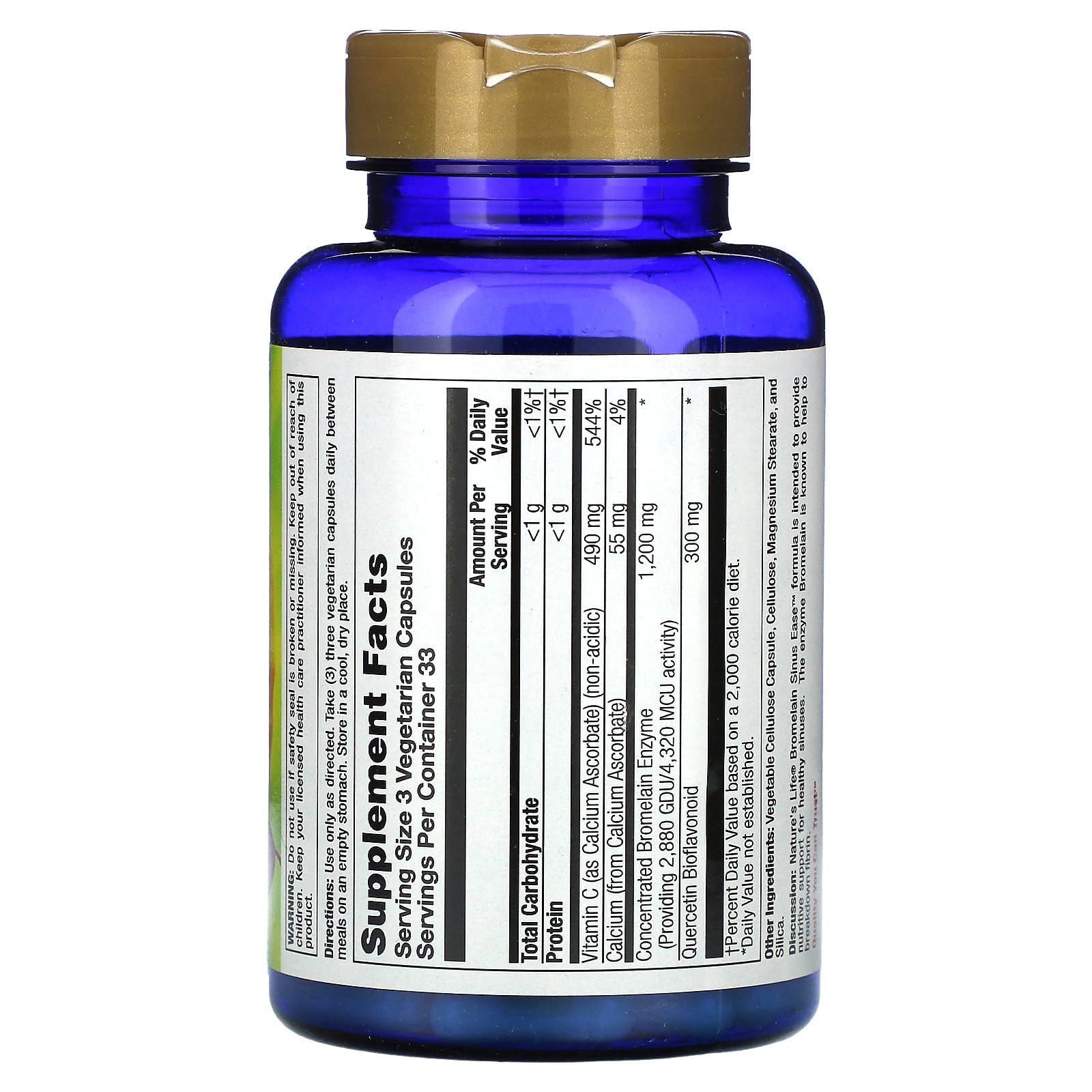 Nature's Life Bromelain Sinus Ease 1200mg – Vitamin C & Quercetin | 100 Veg Capsules
