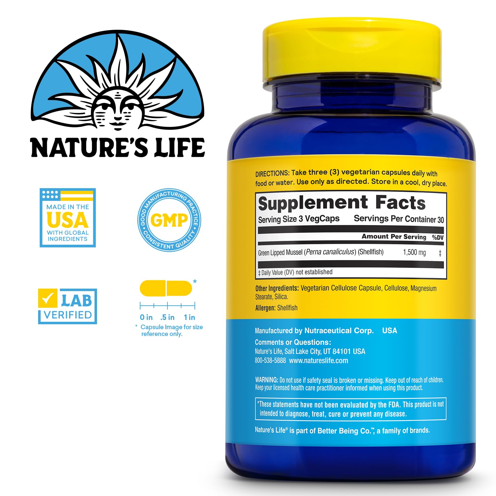 Nature's Life Green Lipped Mussel 1500 mg – NZ Omega-3 Joint & Immune Support | 90 Capsules, 30 Servings