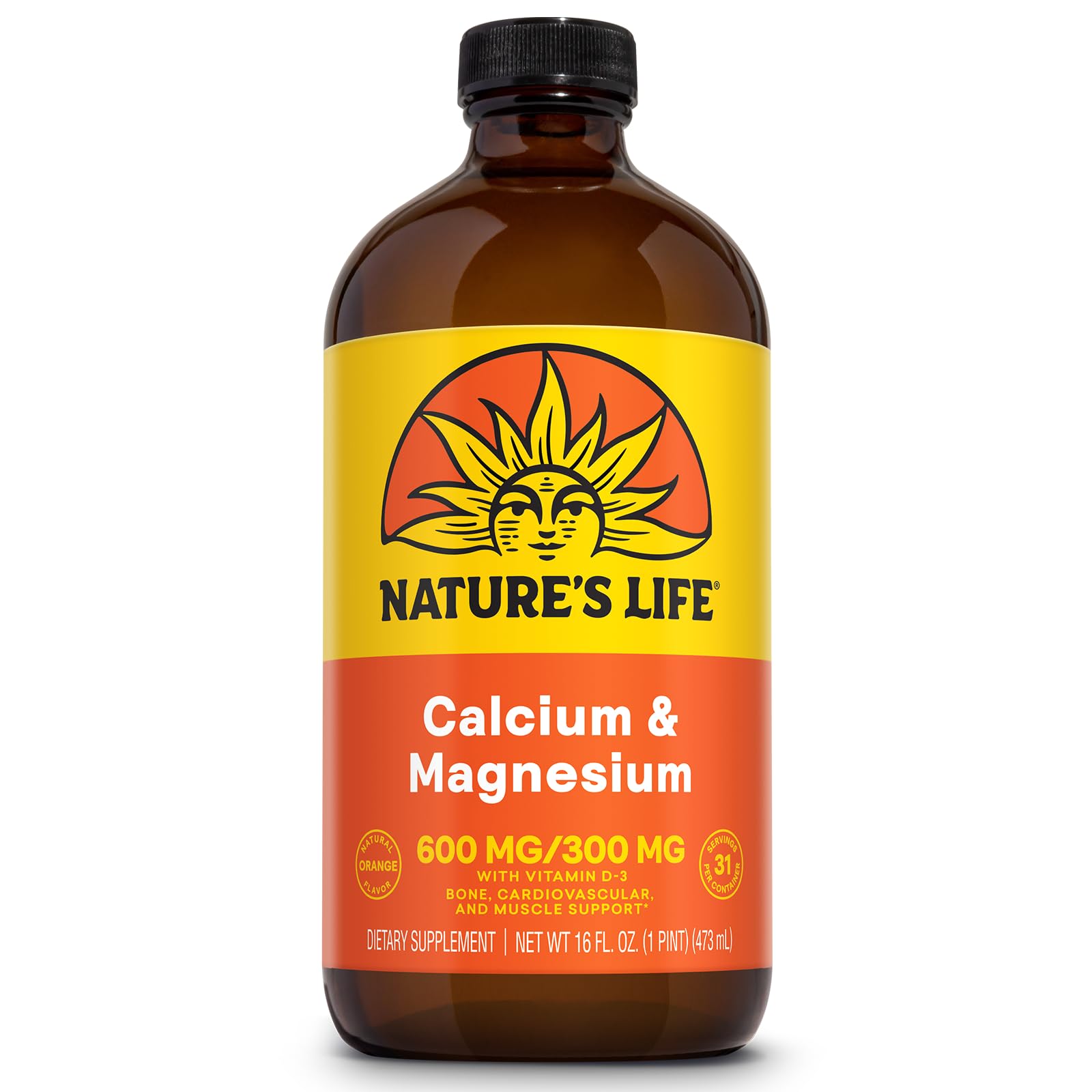 Nature's Life Liquid Calcium Magnesium + Vitamin D3 | 600mg Calcium, 300mg Magnesium, 1000 IU Vitamin D3 | 16 oz