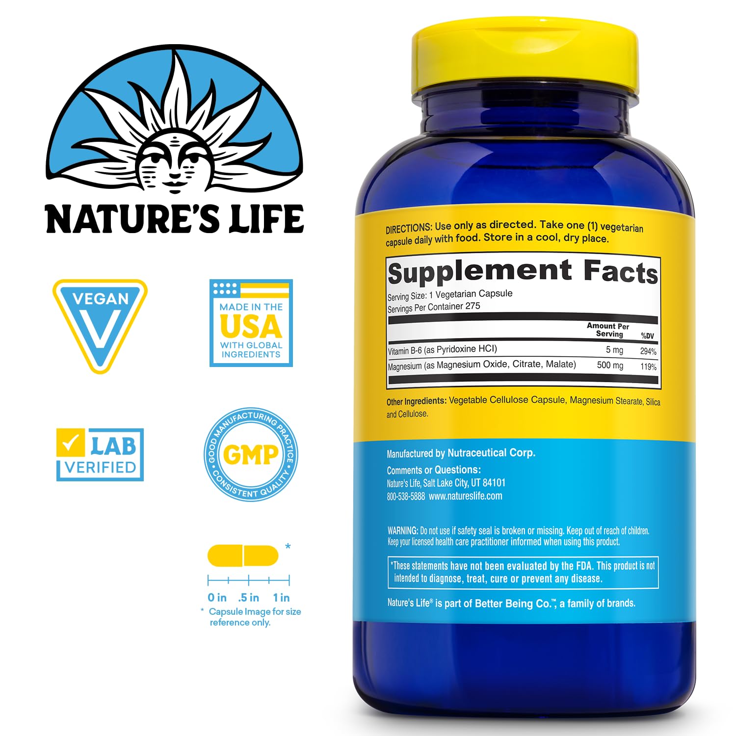 Nature's Life Magnesium 500 mg – 3-in-1 Citrate/Malate/Oxide + B-6 | 275 VegCaps