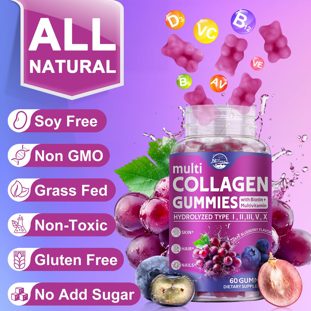 Nature's live Multi Collagen Peptides Gummies – Type I, II, III, V, X | 60 Count | Grape Blueberry Flavor