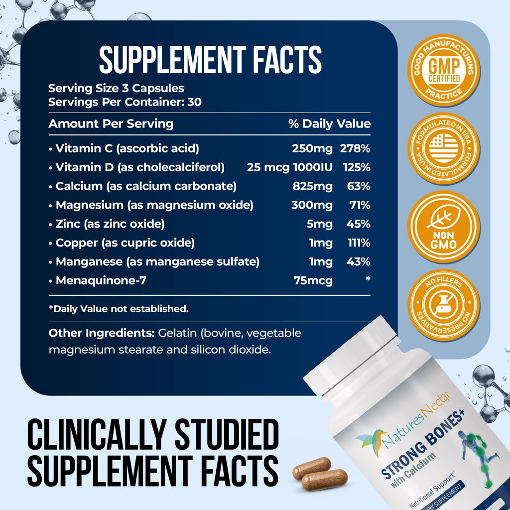 Nature's Nectar Bone & Joint Supplements – Calcium, Vitamin D, Magnesium & Strontium | 90 Caps