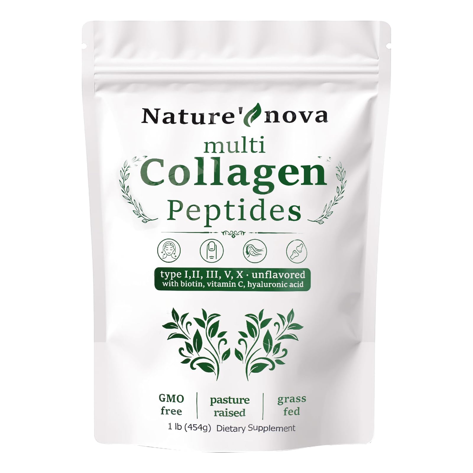 Nature's Nova Multi Collagen Peptides Powder - Types I, II, III, V, X + Biotin & Hyaluronic Acid