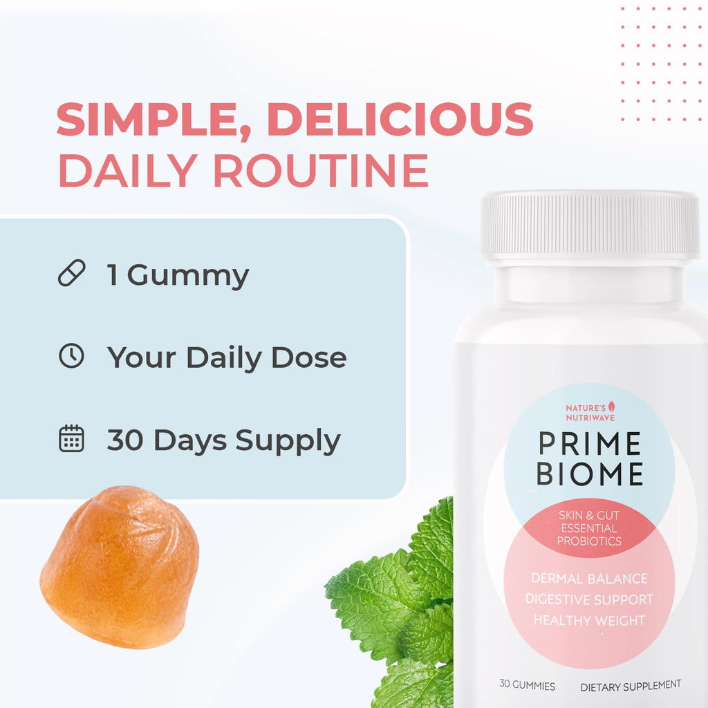 Nature's NutriWave PrimeBiome Probiotic Gummies – Plant-Based, Non-GMO, 30 Gummies, 6-Month Supply | GMP Certified