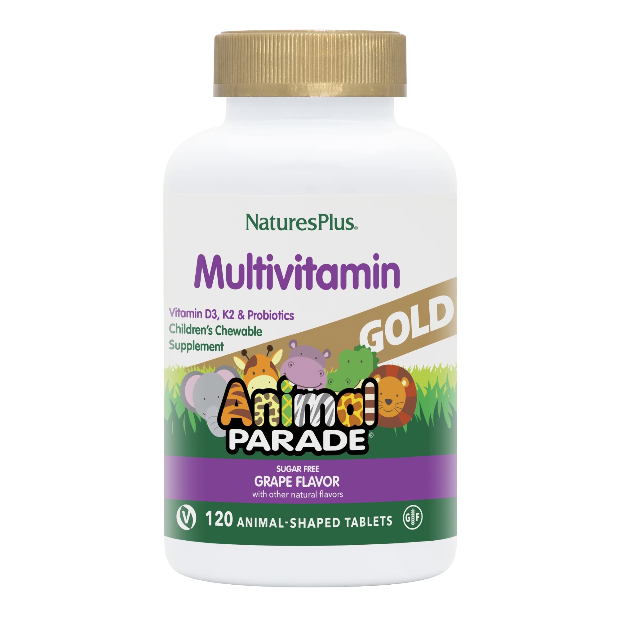 Natures Plus Animal Parade Gold Kids Multivitamin – Grape Chewables, 120 Count, Vegan & Gluten Free