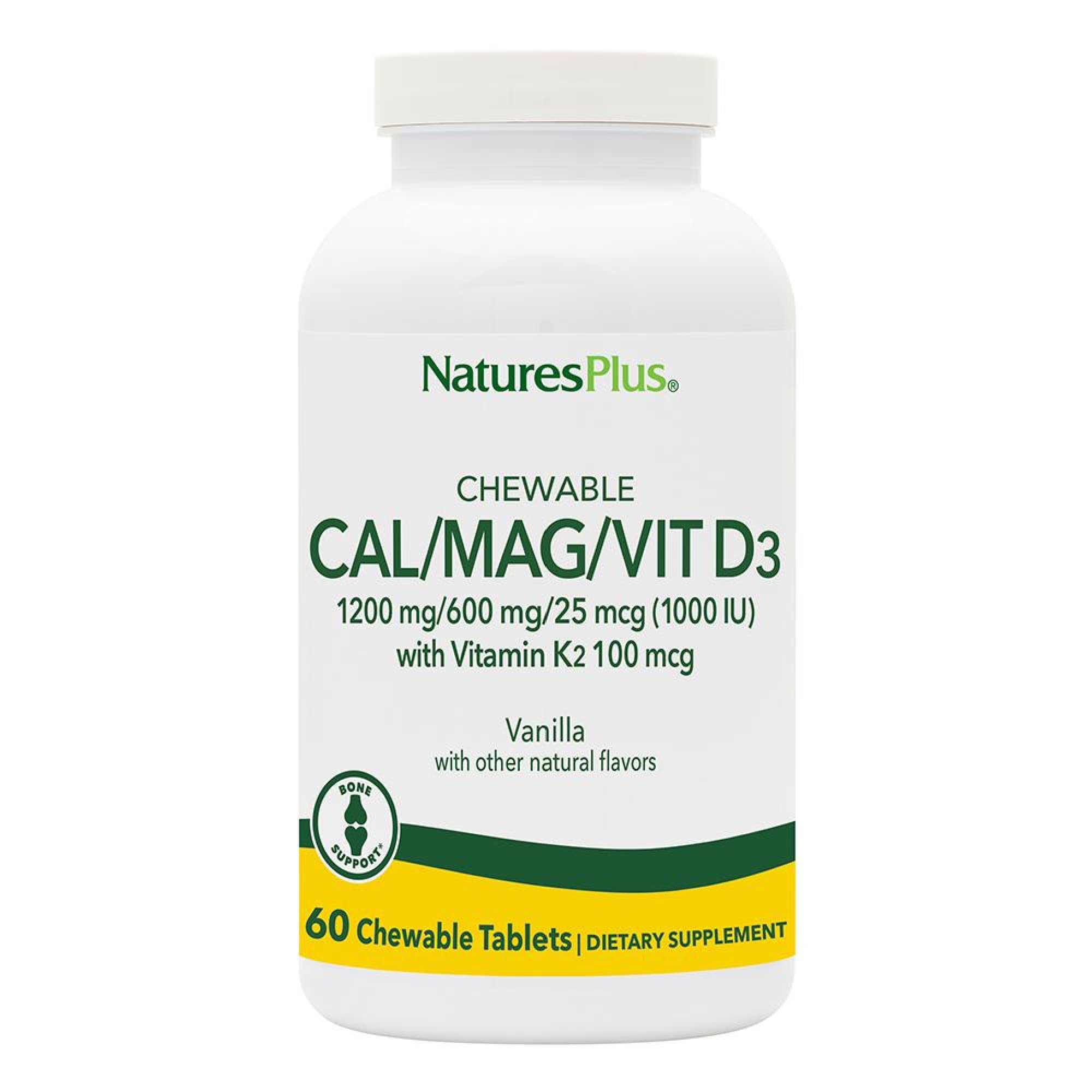 Natures Plus Cal/Mag/Vit D3 + K2 Chewables - Vanilla Flavor, 30 Servings | Gluten-Free Bone Health